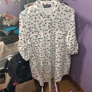 Karl Lagerfeld White Shirt with Black Script and Red Hearts kitty face bonjour